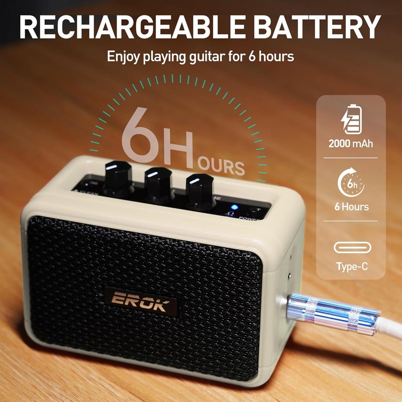 EROK Mini Electric Guitar Amplifier, with Clean Overdrive Effects,Support BT/Headphone Connection,5W Indoor Music Pratice Speaker (Beige) - Image 3